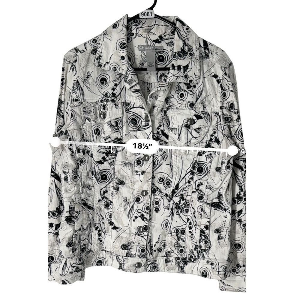 Chico's Platinum Denim Jacket Women's 2 Black White Abstract Print Trucker - Picture 6 of 7